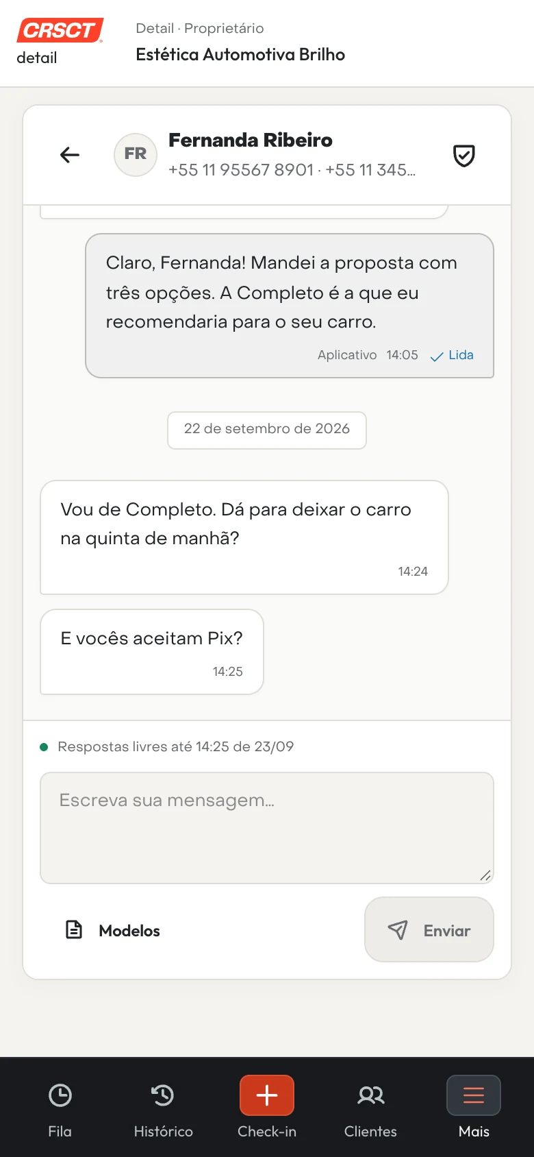 A mesma conversa com a Fernanda, no celular